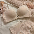 Soft Cream Dotted Floral Wire-Free Bralette and Panty Set with Delicate Lace Trim