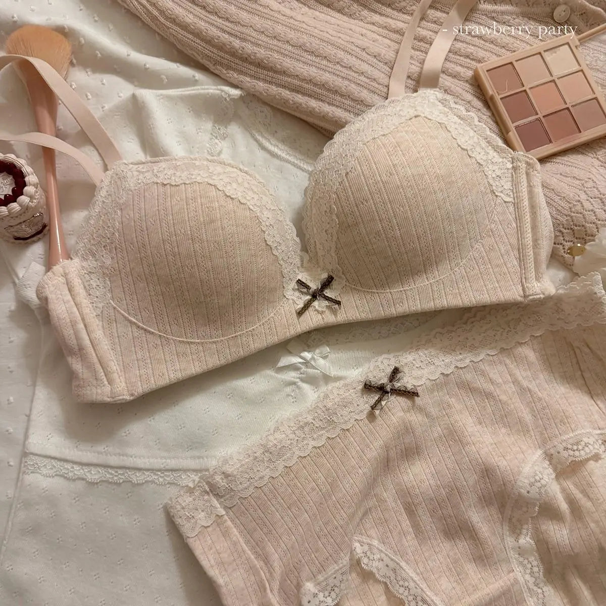 Soft Cream Dotted Floral Wire-Free Bralette and Panty Set with Delicate Lace Trim