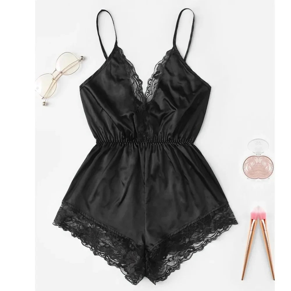 Sleek Satin-Finish Romper Teddy with Plunging V-Neckline and Eyelash Lace Trim