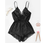 Sleek Satin-Finish Romper Teddy with Plunging V-Neckline and Eyelash Lace Trim