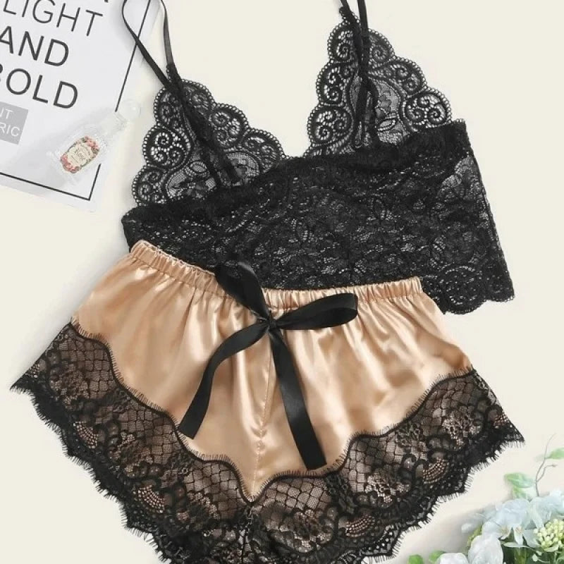 Romantic Sheer Black Lace Bralette and Blush Satin-Finish Shorts Sleep Set