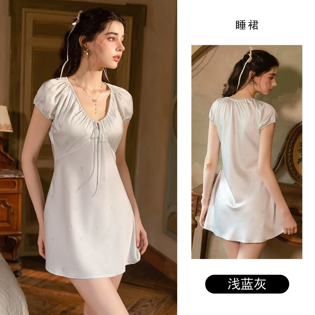 Elegant Silvery Satin-Finish Lounge Dress with Short Puff Sleeves and Tie-Front Bodice