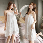 Relaxed Sage Green Chiffon Sleep Dress with Delicate Lace Trim Hem