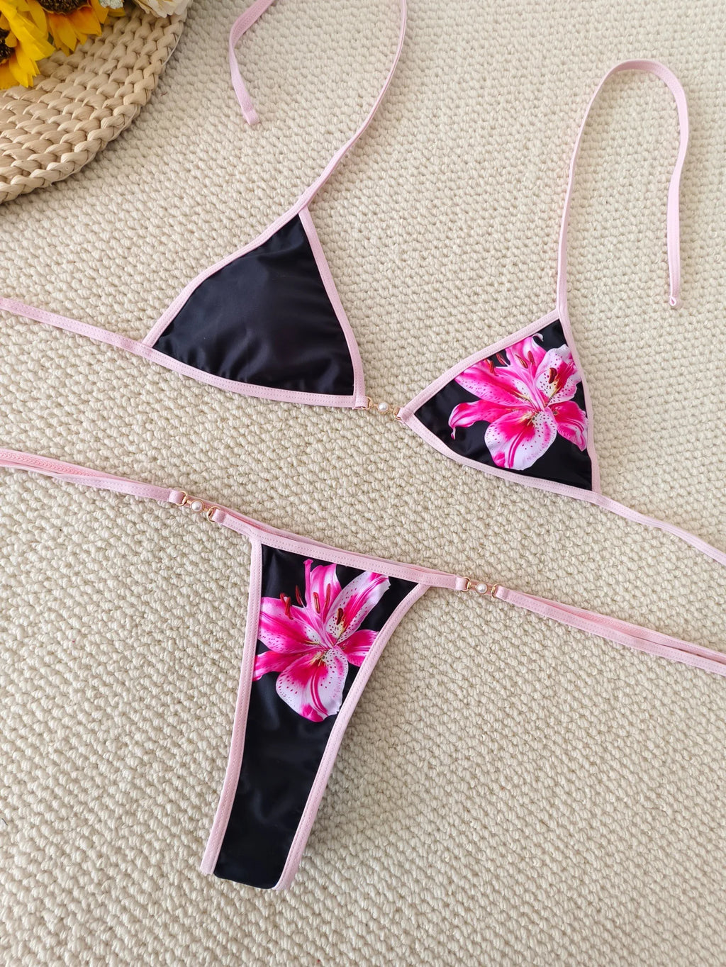 Black Triangle String Bikini with Blue Floral Print and White Contrast Binding