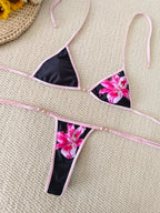 Black Triangle String Bikini with Blue Floral Print and White Contrast Binding