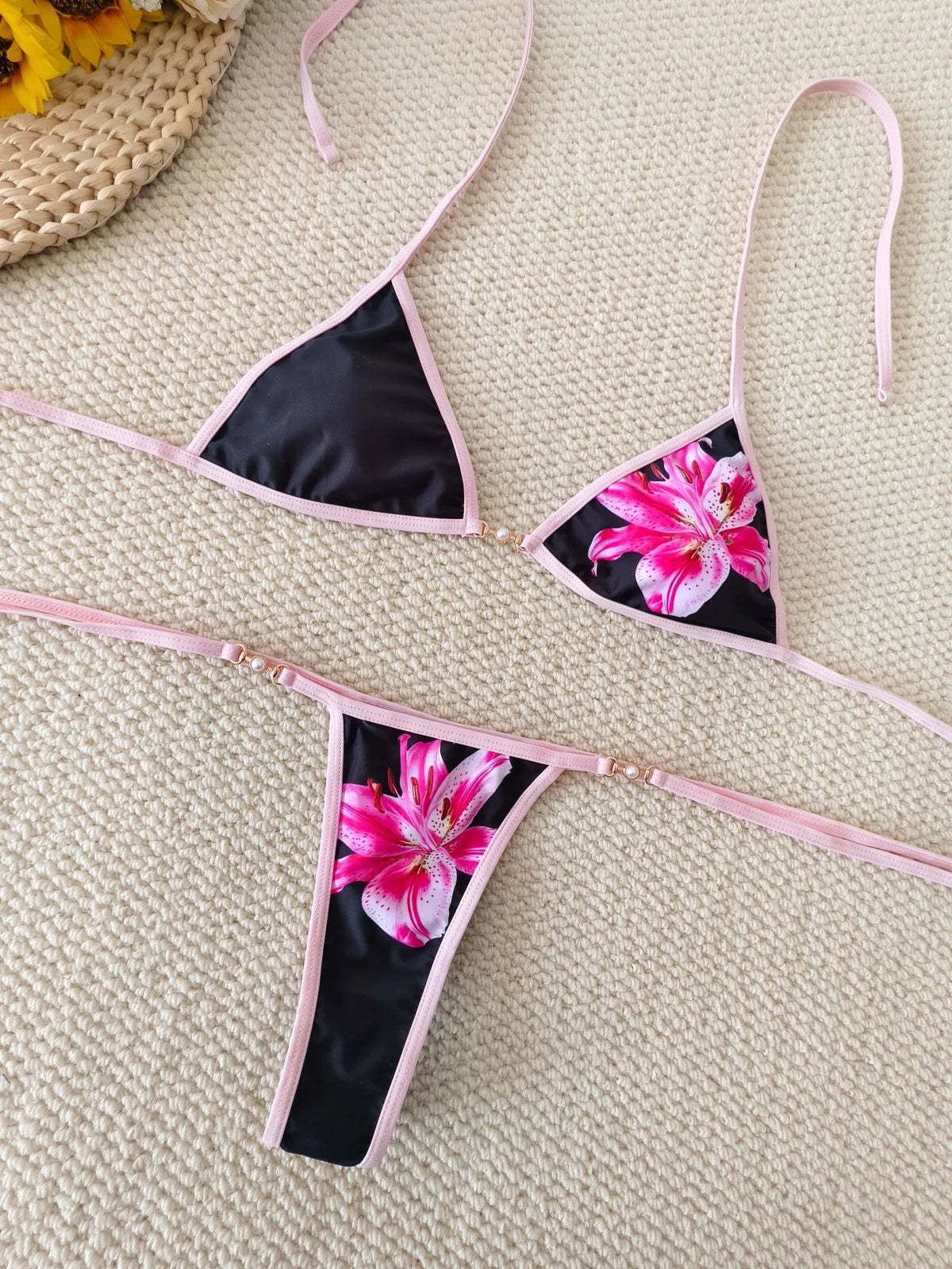 Black Triangle String Bikini with Blue Floral Print and White Contrast Binding