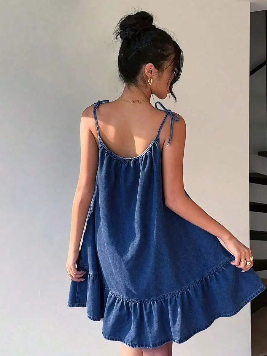 Denim Inspired Spaghetti Strap Mini Dress With Ruffle Hem Relaxed Silhouette