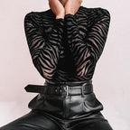 Sheer Zebra Pattern Mesh Long Sleeve Mock Neck Alternative Bodysuit