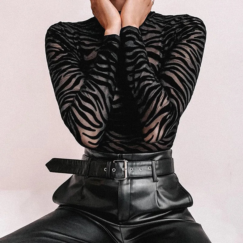 Sheer Zebra Pattern Mesh Long Sleeve Mock Neck Alternative Bodysuit