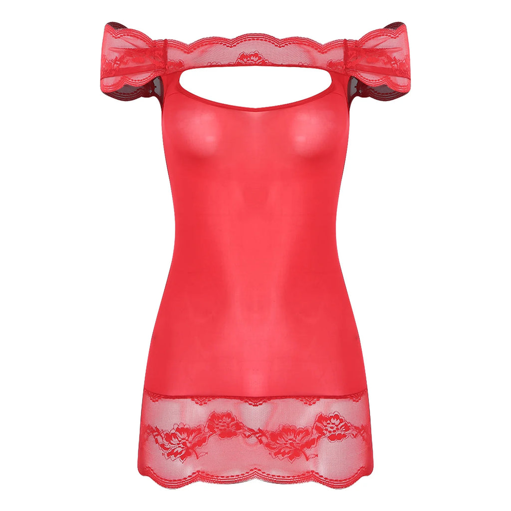 Vibrant Red Off-the-Shoulder Chemise with Chest Cutout and Lace Trim