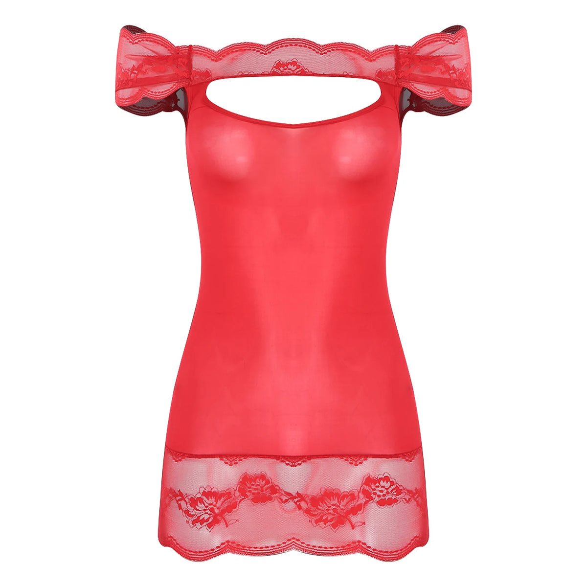 Vibrant Red Off-the-Shoulder Chemise with Chest Cutout and Lace Trim