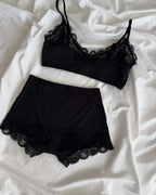 Rich Burgundy Lace-Trimmed Plunge Bralette and Lounge Short Set