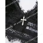 Gothic Black Lace Plunge Bralette Set with Silver Cross Pendants