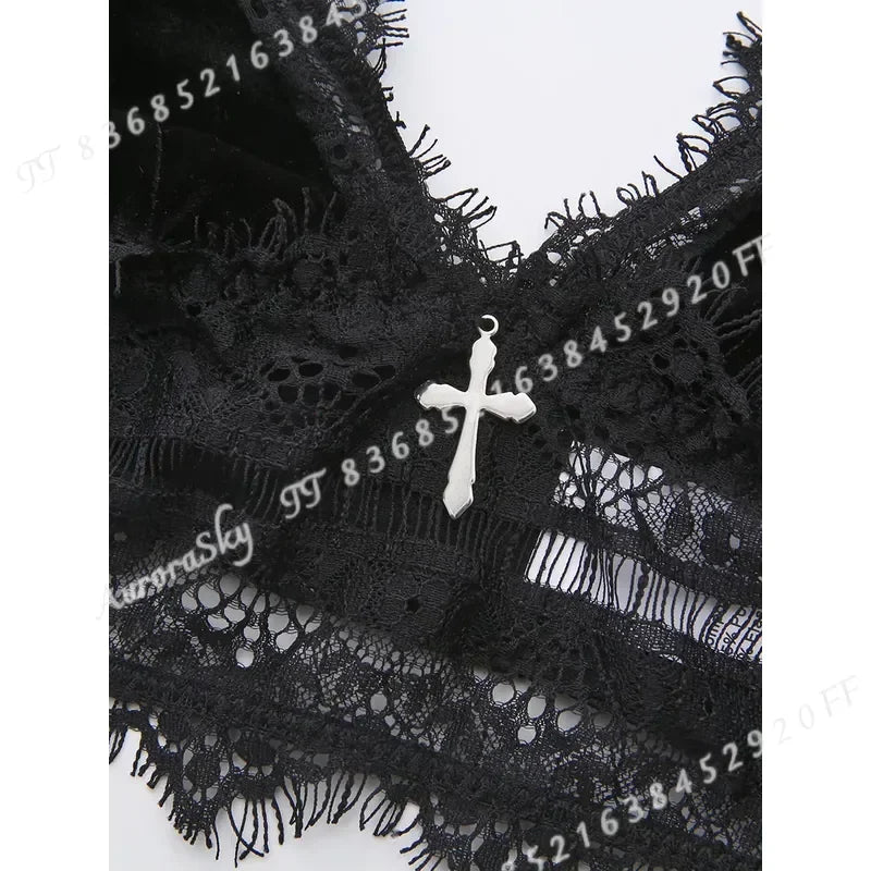 Gothic Black Lace Plunge Bralette Set with Silver Cross Pendants