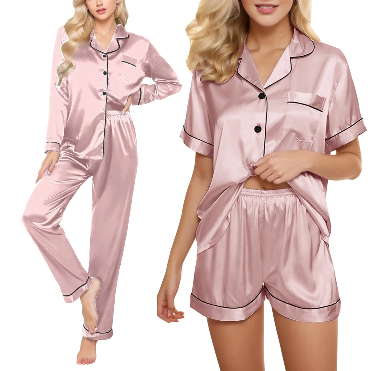 Women's 4-Piece Satin-Look Pajama Set, Soft Coordinated Sleepwear Collection with Matching Tops and Full-Length Pants, Plus-Size Loungewear