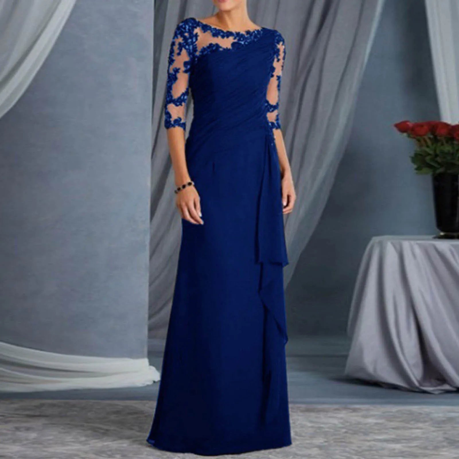 Elegant Floor Length Dress With Sheer Lace Shoulder Detailing