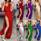 Satin Inspired Maxi Dress With Deep Neckline And Side Slit