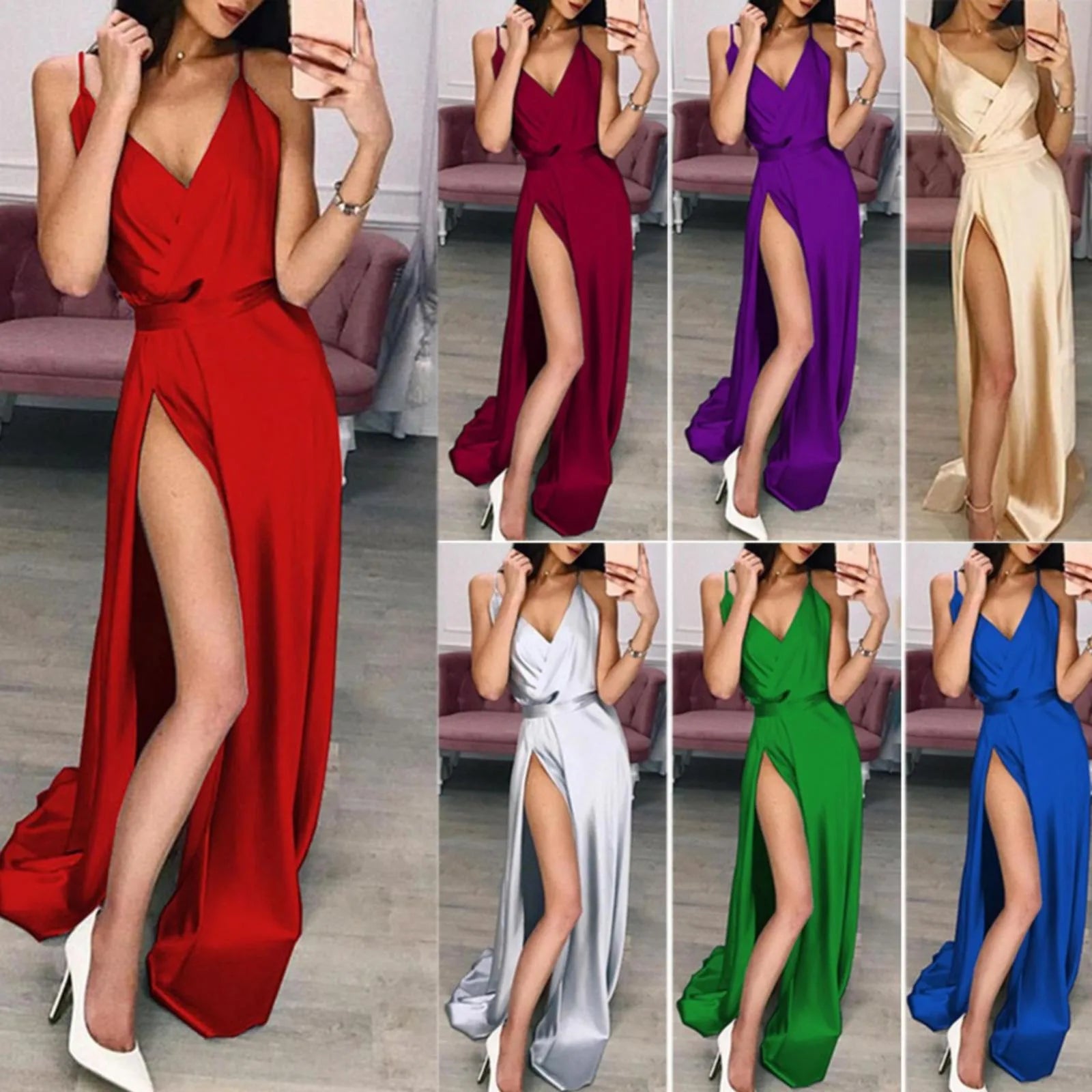 Satin Inspired Maxi Dress With Deep Neckline And Side Slit