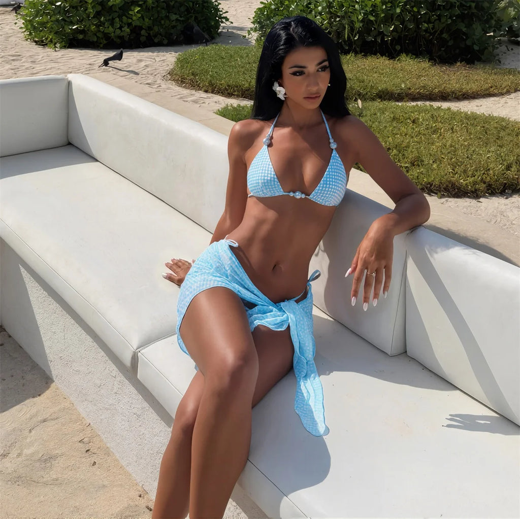 Light Blue Gingham Three-Piece Triangle Bikini Set with Pearl Embellishments
