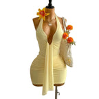 Ruched Halter Neck Mini Dress with Ribbon Tie Detail and Body Skimming Fit