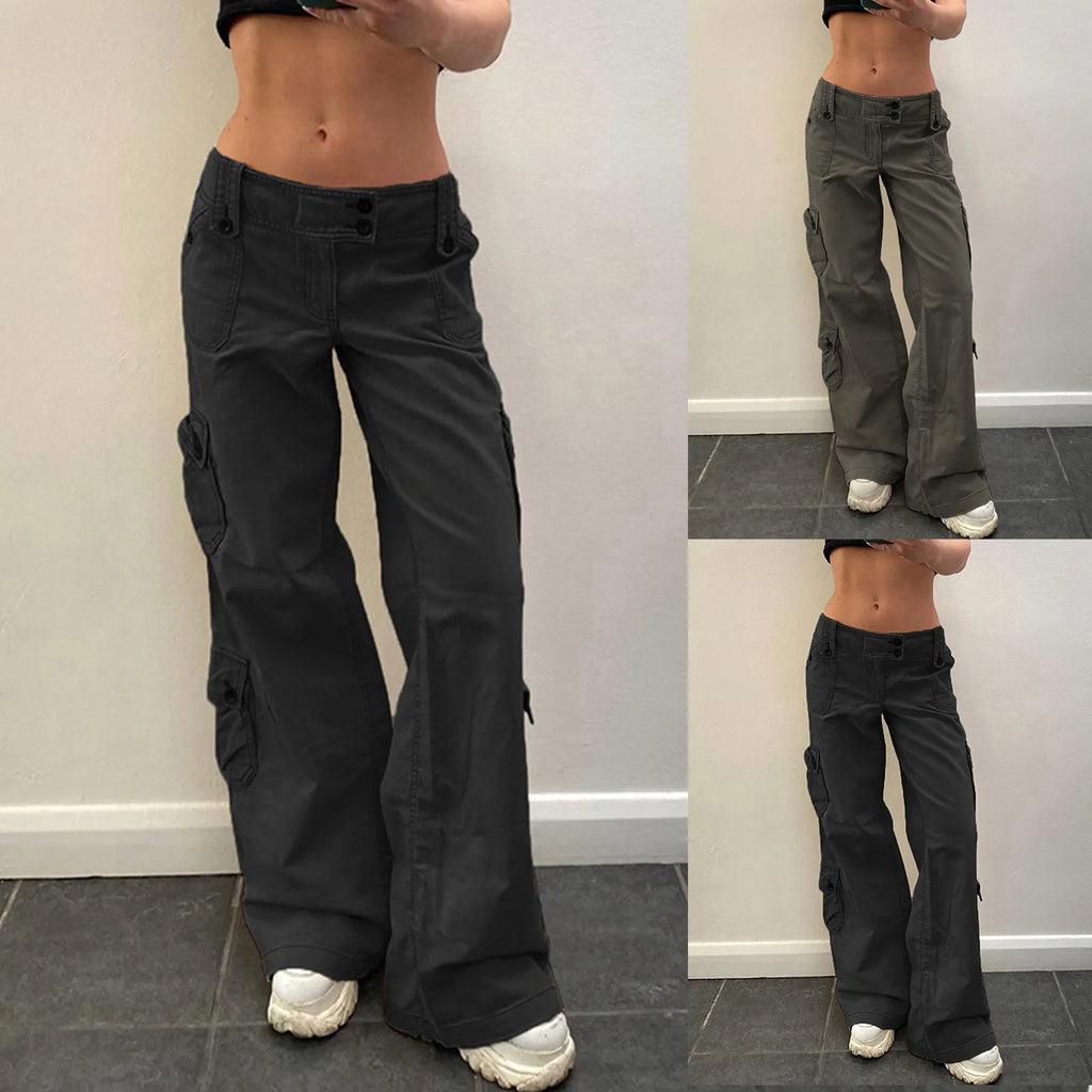 Women's Wide Leg Cargo Denim Jeans with Drawstring Waist and Relaxed Streetwear Fit