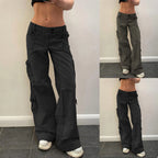 Women's Wide Leg Cargo Denim Jeans with Drawstring Waist and Relaxed Streetwear Fit