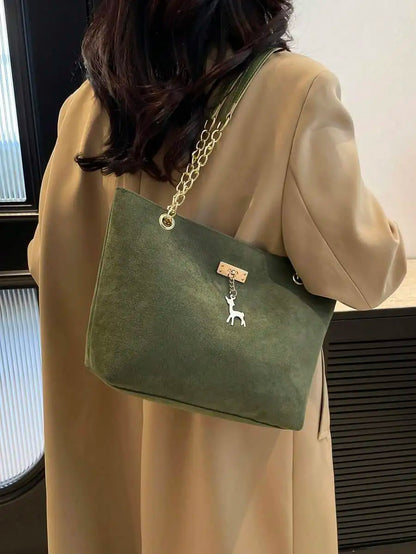 Soft Faux Suede Chain Strap Shoulder Tote Bag with Relaxed Silhouette