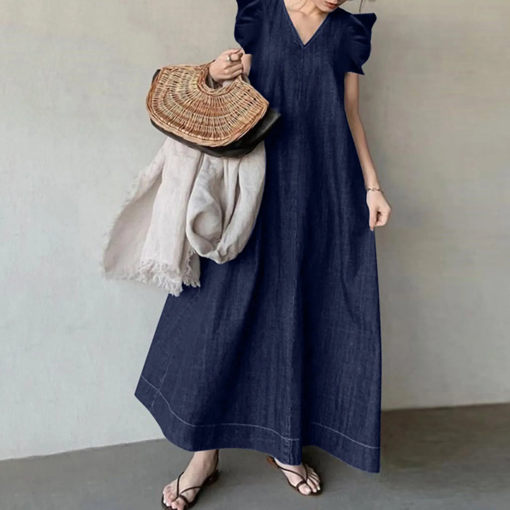 Oversized Denim Look Maxi Dress with Relaxed Fit and Petal Sleeves