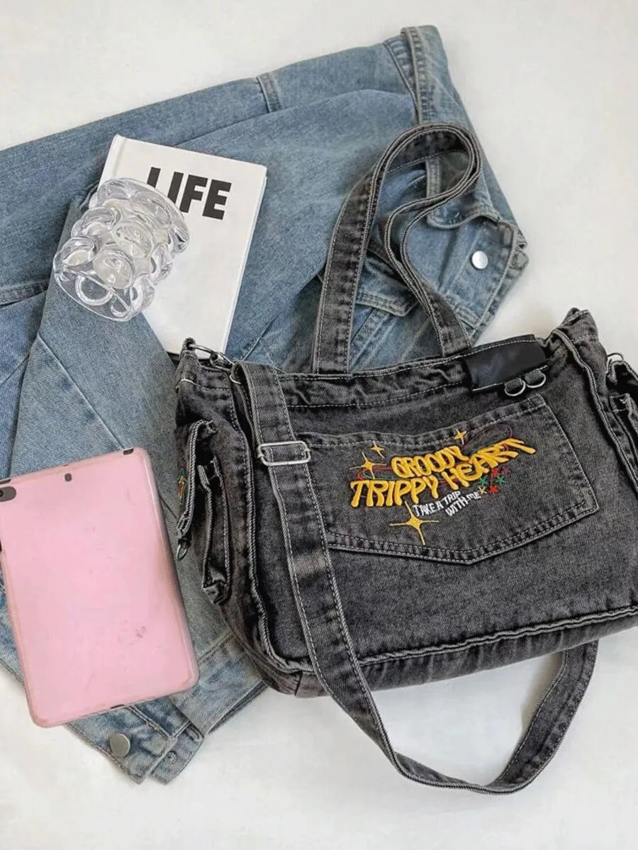 Denim Tote Shoulder Bag with Embroidered Graphic Accent Design