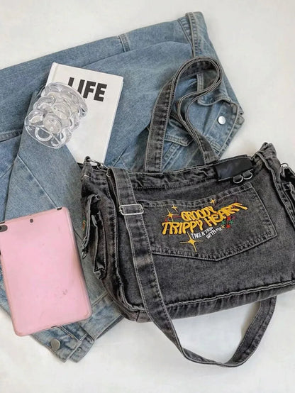 Denim Tote Shoulder Bag with Embroidered Graphic Accent Design