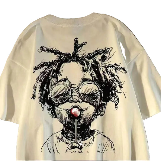 Retro Graphic Streetwear Cotton Blend T-Shirt With Playful Artwork Style