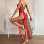 Bold Leopard Print and Red Lace Asymmetrical Maxi Dress with High Side Slit