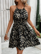 Halter Neck Printed Mini Dress with Smocked Waist and Flared Fit