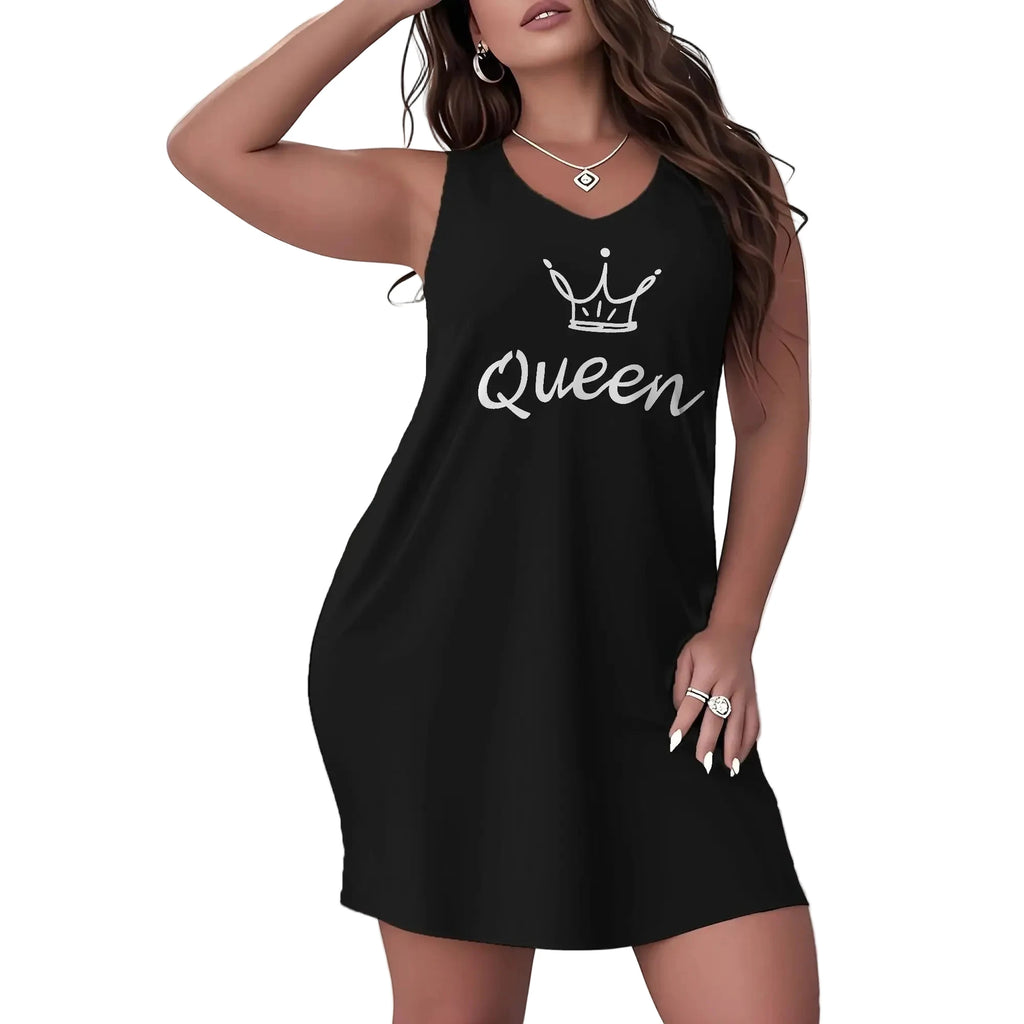 Plus Size Black Queen Graphic V-Neck Nightgown with Crown Print, Sleeveless Cut and Relaxed Knee-Length Silhouette