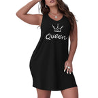 Plus Size Black Queen Graphic V-Neck Nightgown with Crown Print, Sleeveless Cut and Relaxed Knee-Length Silhouette