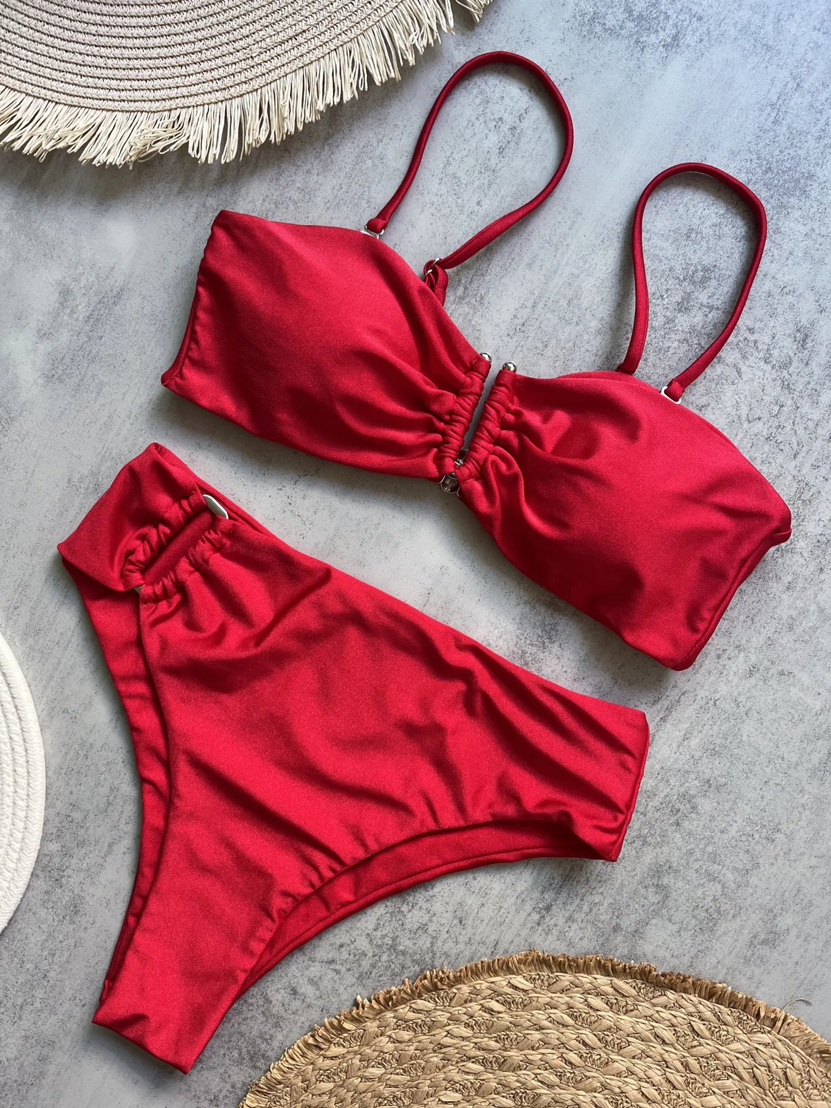 Olive Green Bandeau Bikini Set with Center Hardware and Ruched Detailing