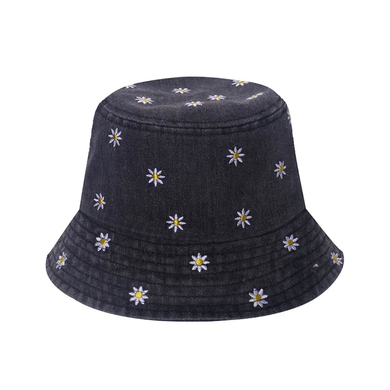 Women's Embroidered Cotton Blend Bucket Hat with Floral Detail for Casual Outdoor Everyday Wear