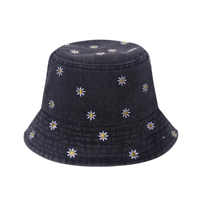 Women's Embroidered Cotton Blend Bucket Hat with Floral Detail for Casual Outdoor Everyday Wear