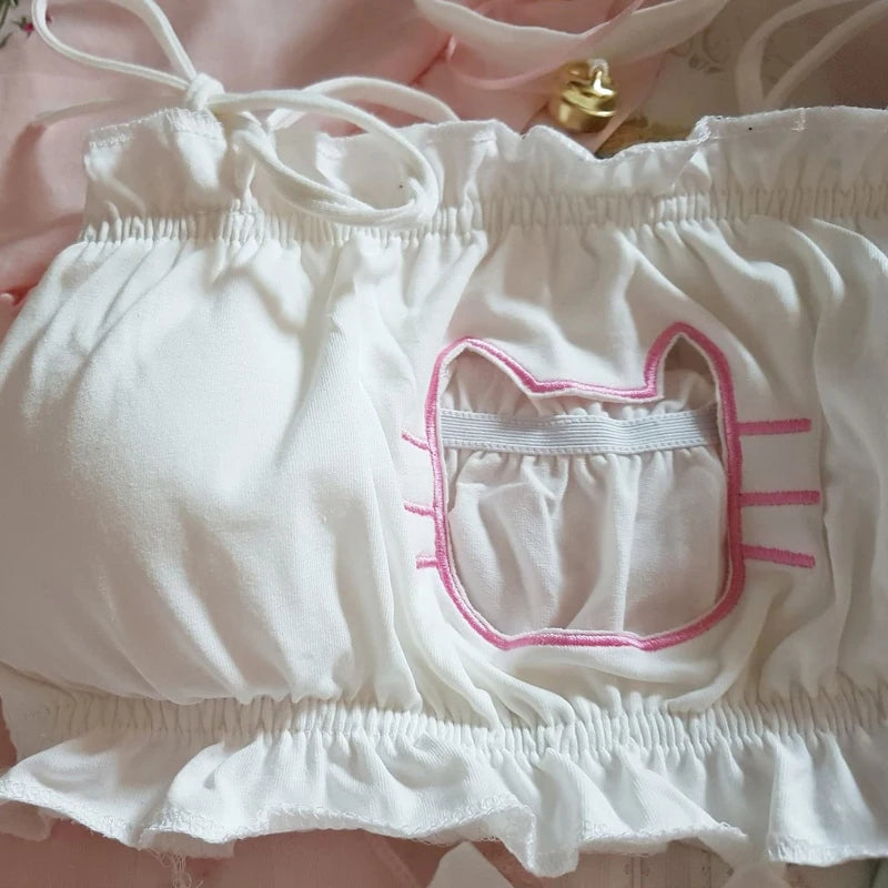 Playful Embroidered Cat Motif Wire-Free Bralette and Tie-Side Panty Set