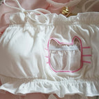 Playful Embroidered Cat Motif Wire-Free Bralette and Tie-Side Panty Set