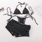 Classic Navy Polka Dot Three-Piece Bikini Set with Matching Swim Shorts