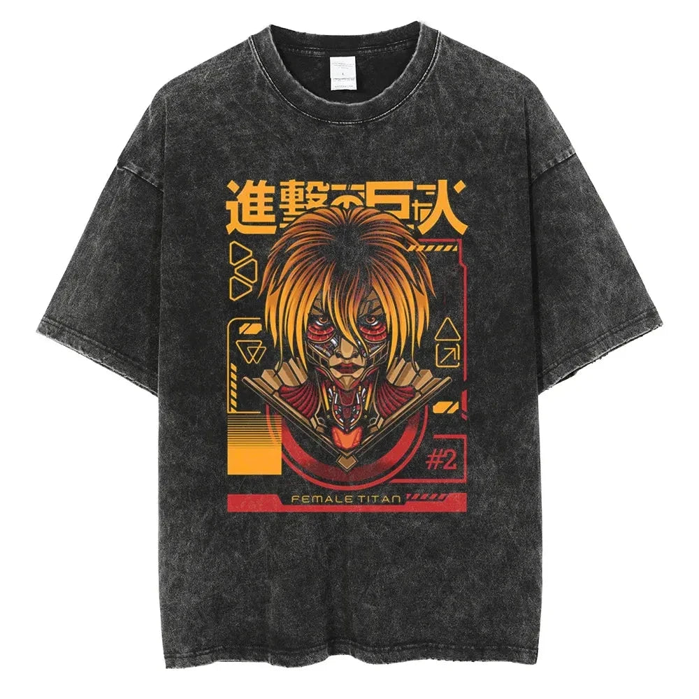Cyberpunk Anime-Inspired Female Titan Streetwear Oversized Washed Cotton T-Shirt