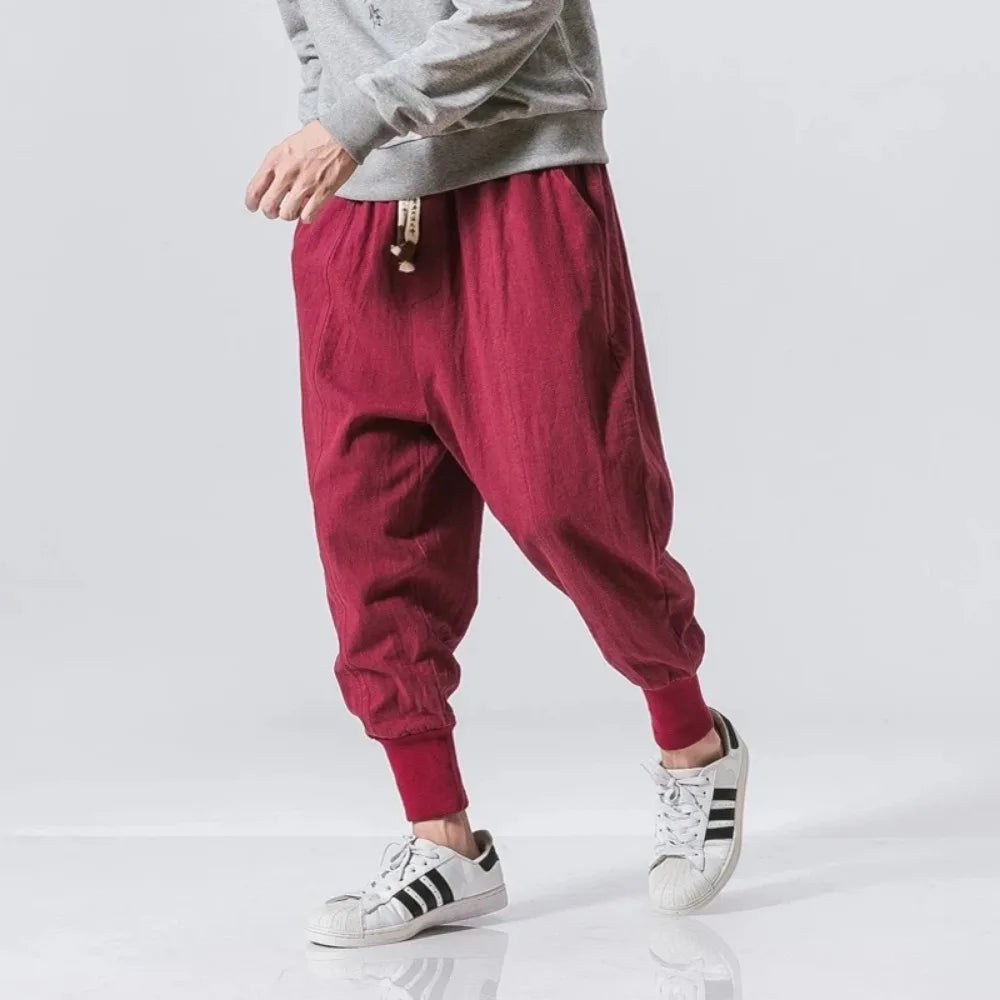 Men's Cotton Linen Drop Crotch Harem Pants with Elastic Waist Relaxed Casual Streetwear Style