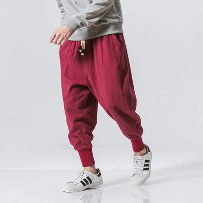 Men's Cotton Linen Drop Crotch Harem Pants with Elastic Waist Relaxed Casual Streetwear Style