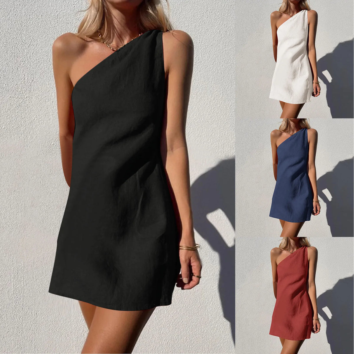 Minimalist One-Shoulder Mini Dress in Solid Earth Tone
