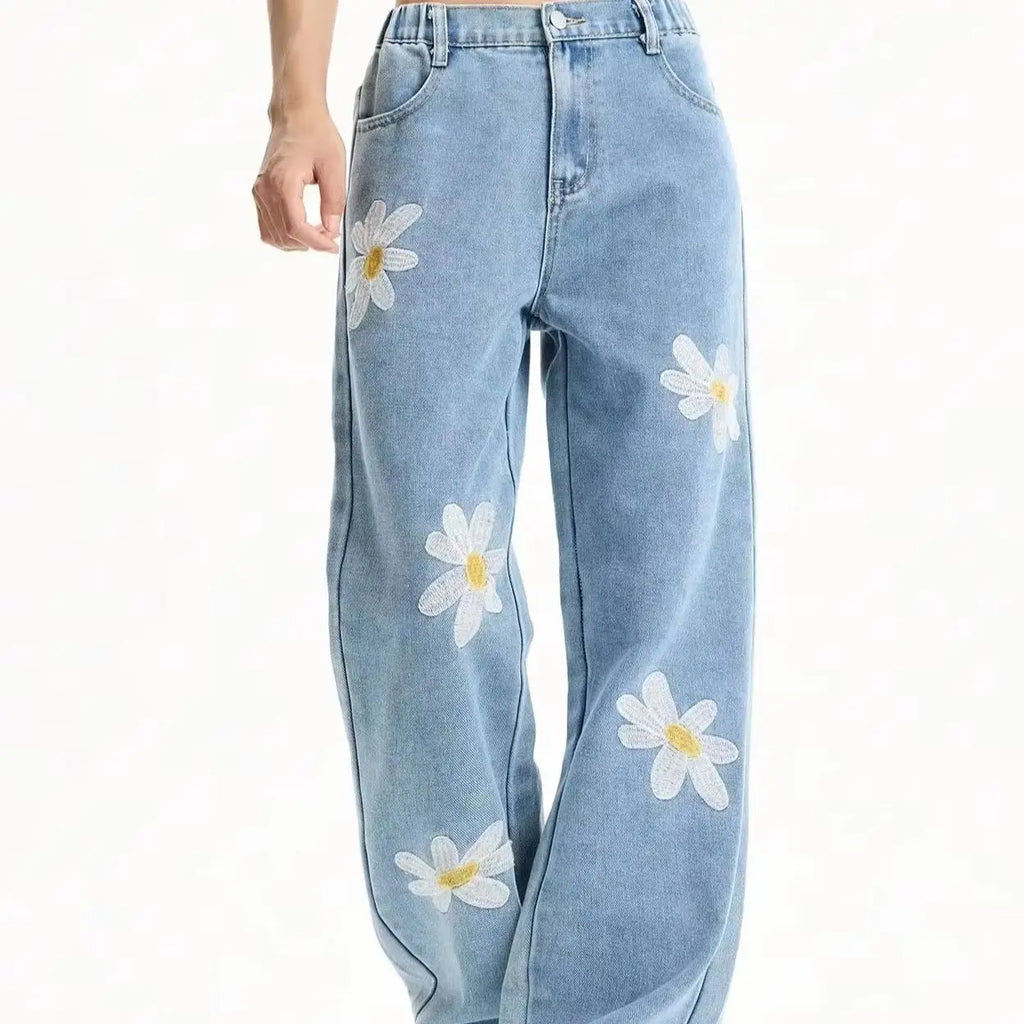 Women's Mid-Rise Loose Straight Leg Floral Embroidered Wide-Leg Denim Jeans for Casual Streetwear