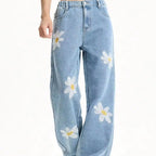 Women's Mid-Rise Loose Straight Leg Floral Embroidered Wide-Leg Denim Jeans for Casual Streetwear