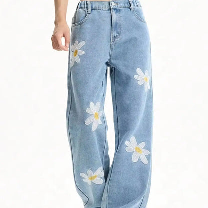 Women's Mid-Rise Loose Straight Leg Floral Embroidered Wide-Leg Denim Jeans for Casual Streetwear