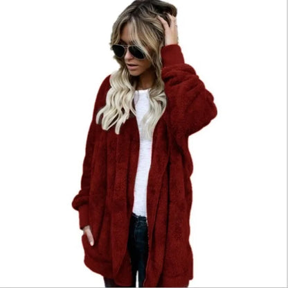 Women's Hooded Plush Fleece Cardigan Open Front Cozy Casual Layering Jacket