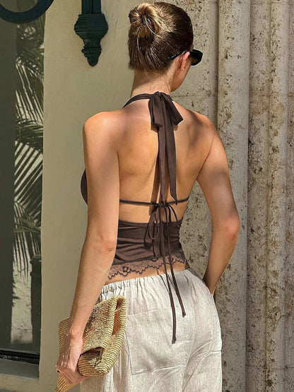 Ruched Halter Lace Crop Top with Open Back Contemporary Party Streetwear Style